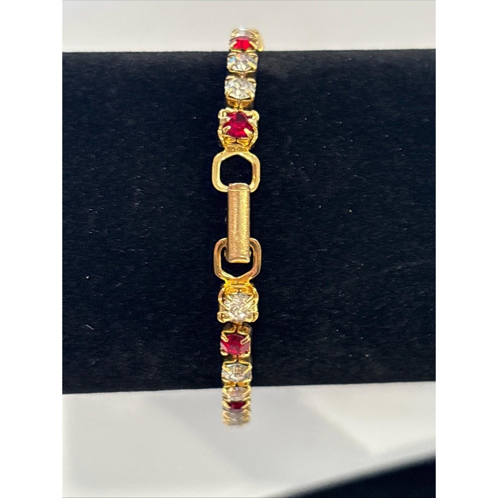 Vintage Ruby Red Clear Rhinestone Tennis Bracelet Gold Tone 7.5" Foldover Clasp - Picture 3 of 4